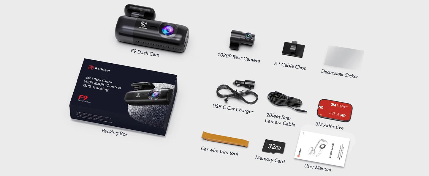 RedTiger F9 Dash Cam 4K Front and Rear WiFi GPS Car Camera with Parking Mode Night Vision Recorder App Control