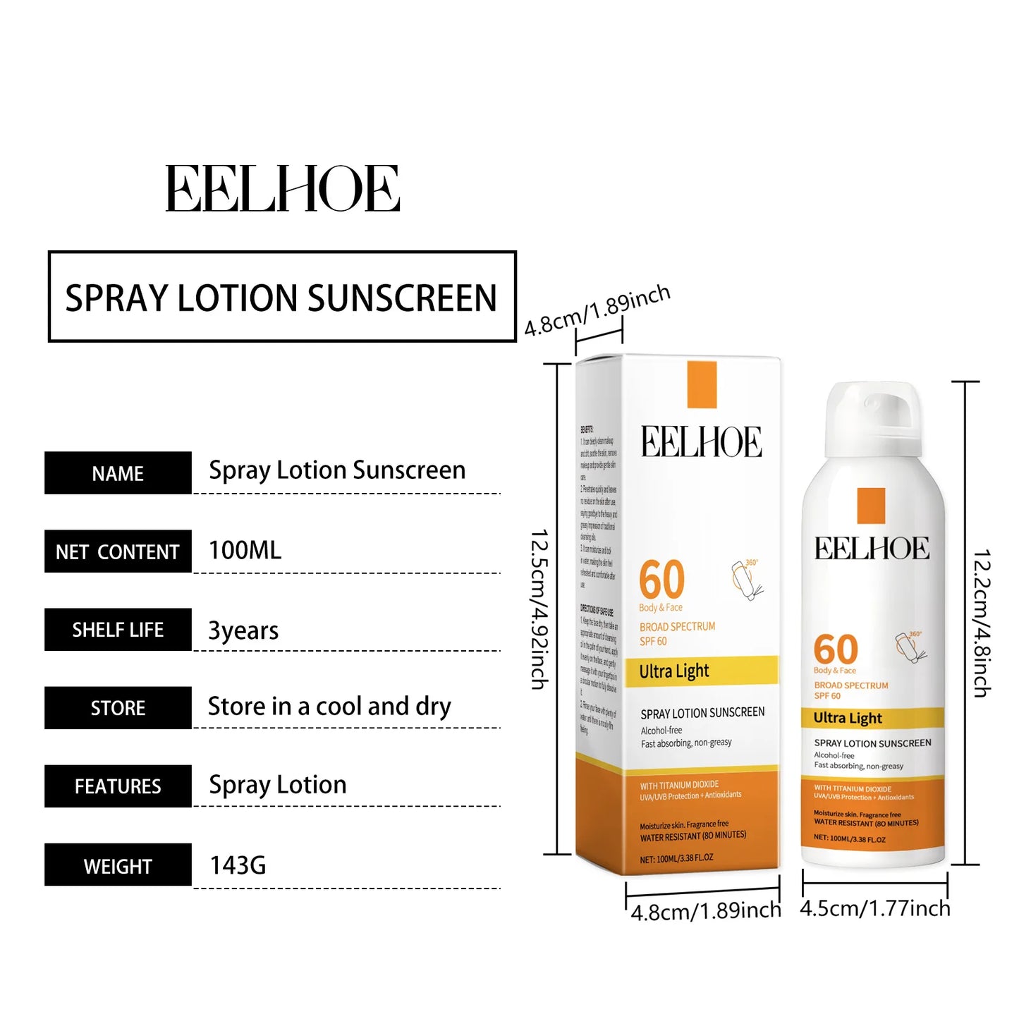EELHOE Moisturizing Protective Spray Hydrating UV Skin Care Cream 100ml
