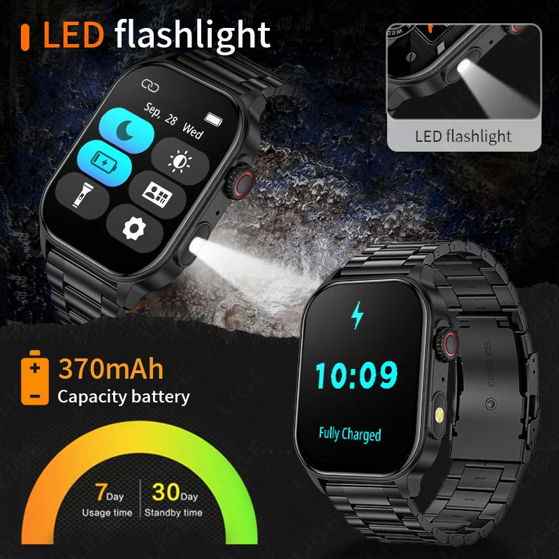 LIGE New Smart Watch LED Flashlight Military Sport Watches 2.01 Inch Screen Waterproof Men - Great Outdoors and More 25