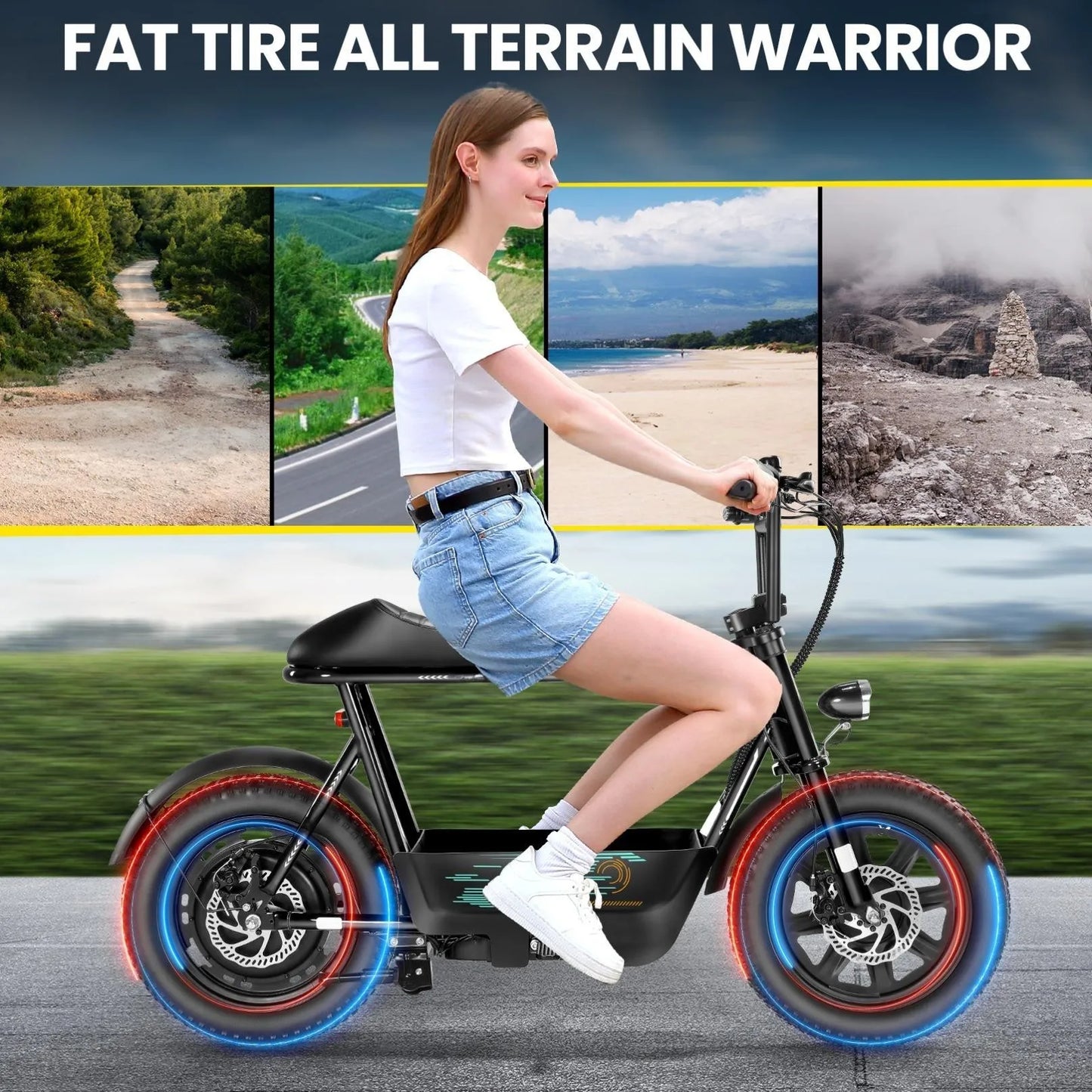 Peak 819W Electric Scooter with Seat for Adults 16 Inch Fat Tire All Terrain Commuter Ebike for Teens with Carry Basket