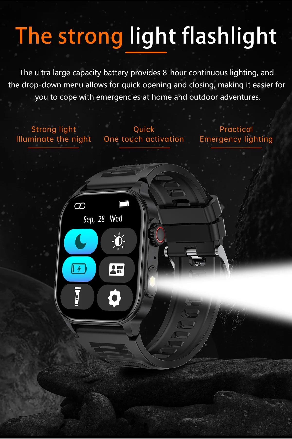 LIGE New Smart Watch LED Flashlight Military Sport Watches 2.01 Inch Screen Waterproof Men - Great Outdoors and More 25