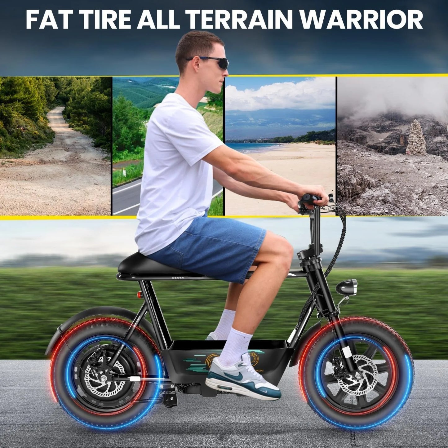 Peak 819W Electric Scooter with Seat for Adults 16 Inch Fat Tire All Terrain Commuter Ebike for Teens with Carry Basket