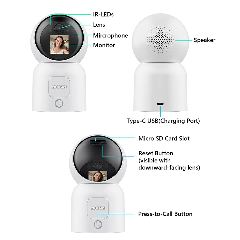 ZOSI 360 Degree Smart Home Security Camera PTZ Auto Tracking Baby Monitor AI Panoramic HD Night Vision Indoor WiFi Surveillance Camera