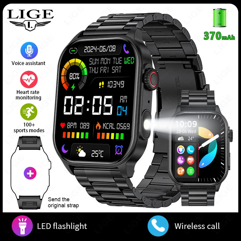 LIGE New Smart Watch LED Flashlight Military Sport Watches 2.01 Inch Screen Waterproof Men - Great Outdoors and More 25