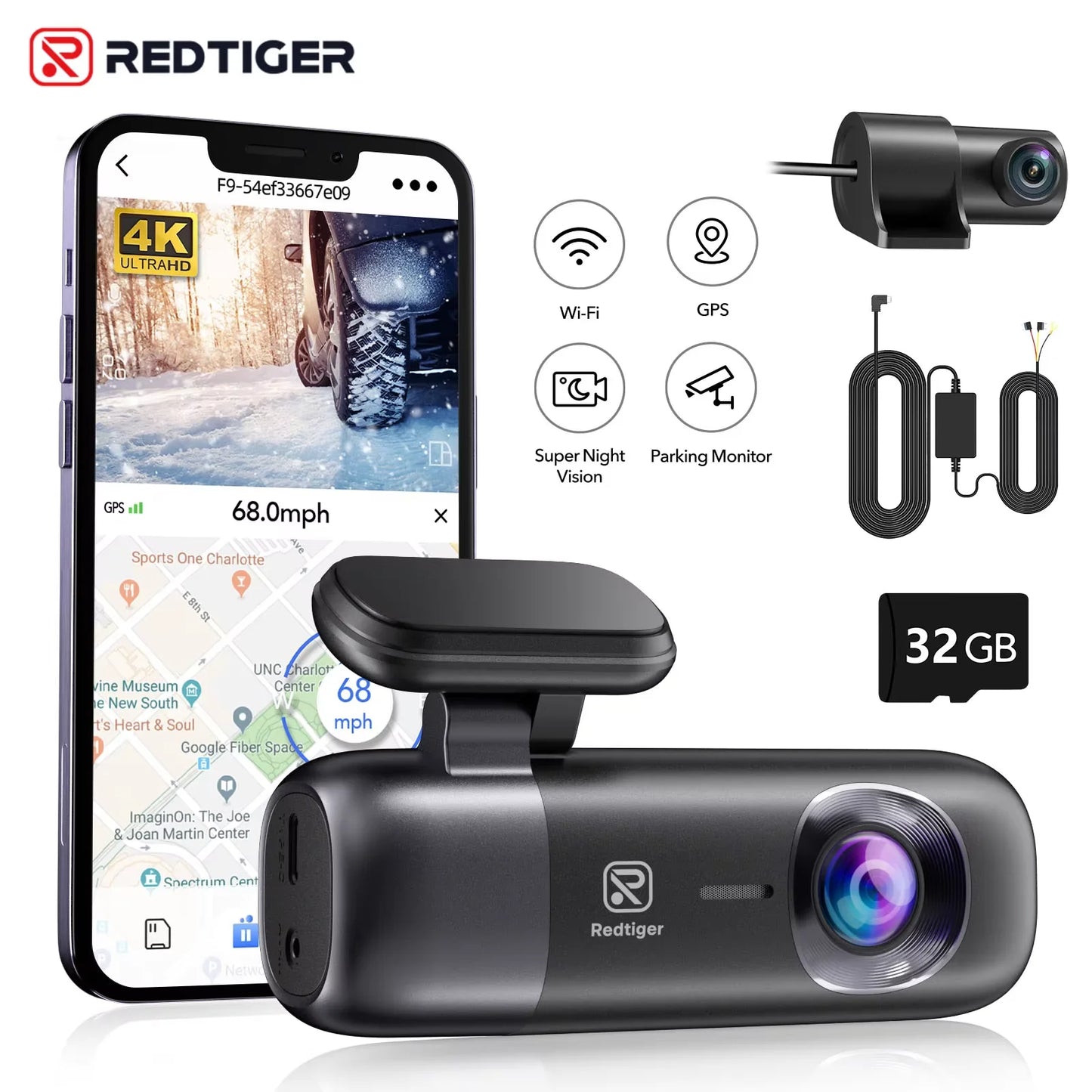 RedTiger F9 Dash Cam 4K Front and Rear WiFi GPS Car Camera with Parking Mode Night Vision Recorder App Control