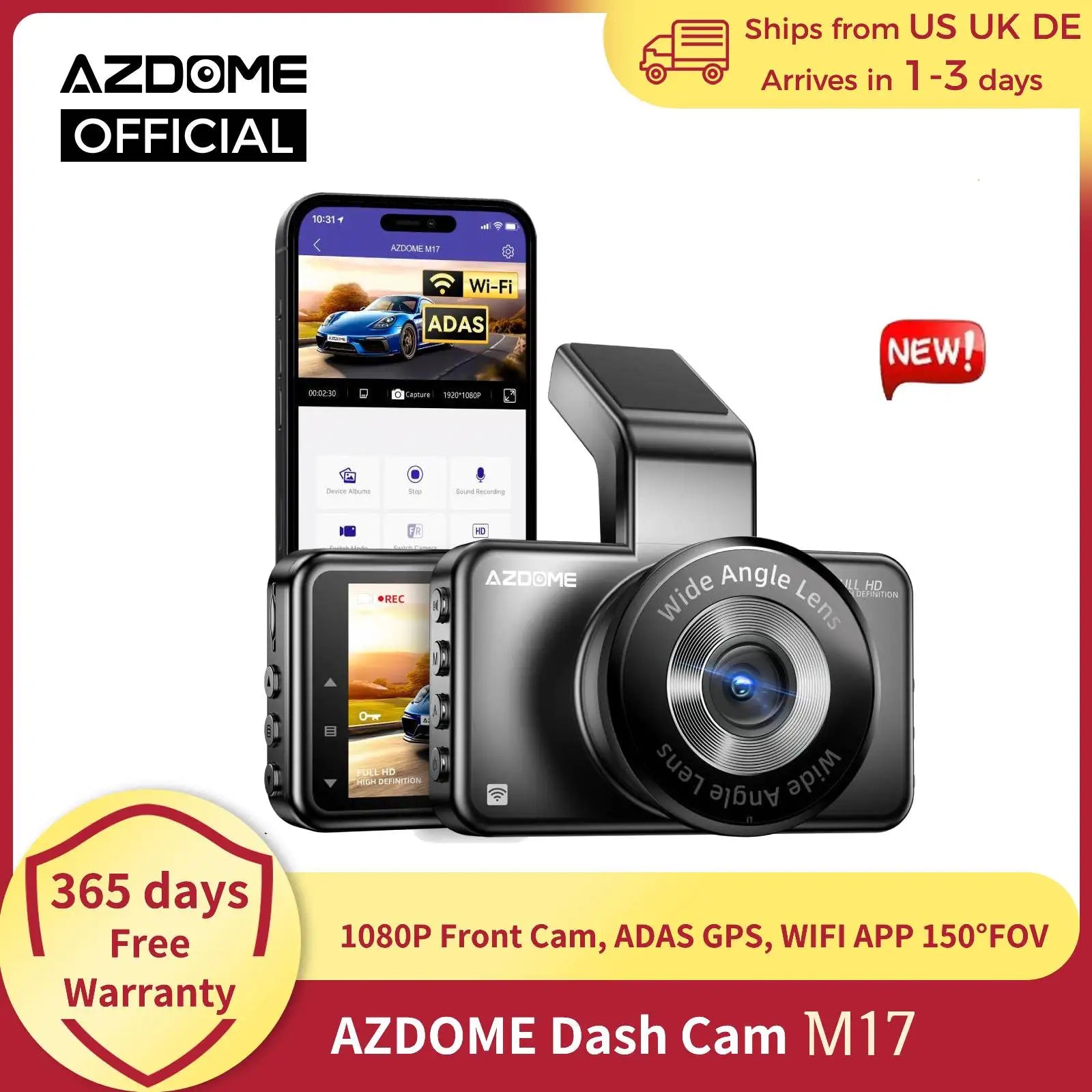 AZDOME Dash Cam M17 1080P Front Cam with ADAS GPS DVR - Great Outdoors and More 25