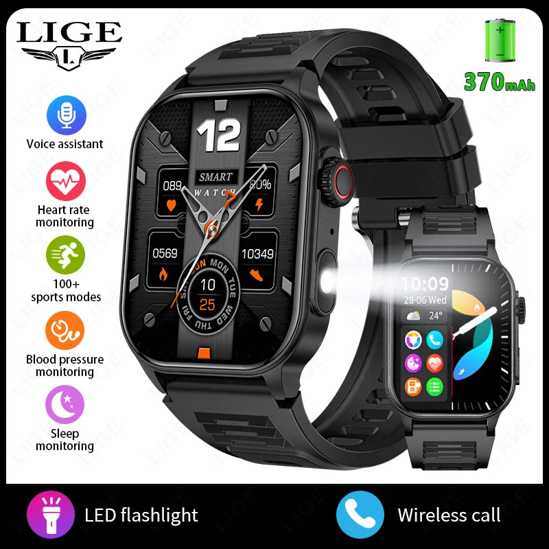 LIGE New Smart Watch LED Flashlight Military Sport Watches 2.01 Inch Screen Waterproof Men - Great Outdoors and More 25