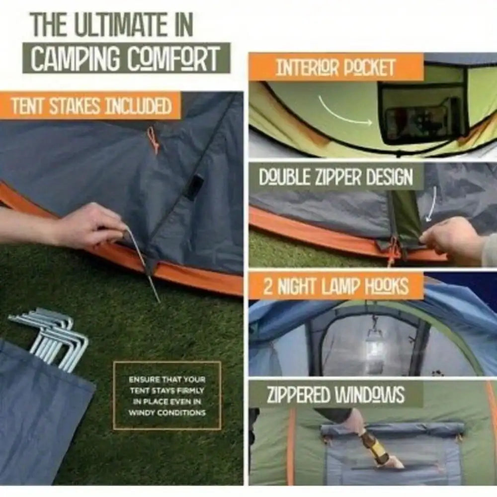 Camping Tent 4 Person Easy Pop Up Tent with 2 Doors UPF50 Waterproof