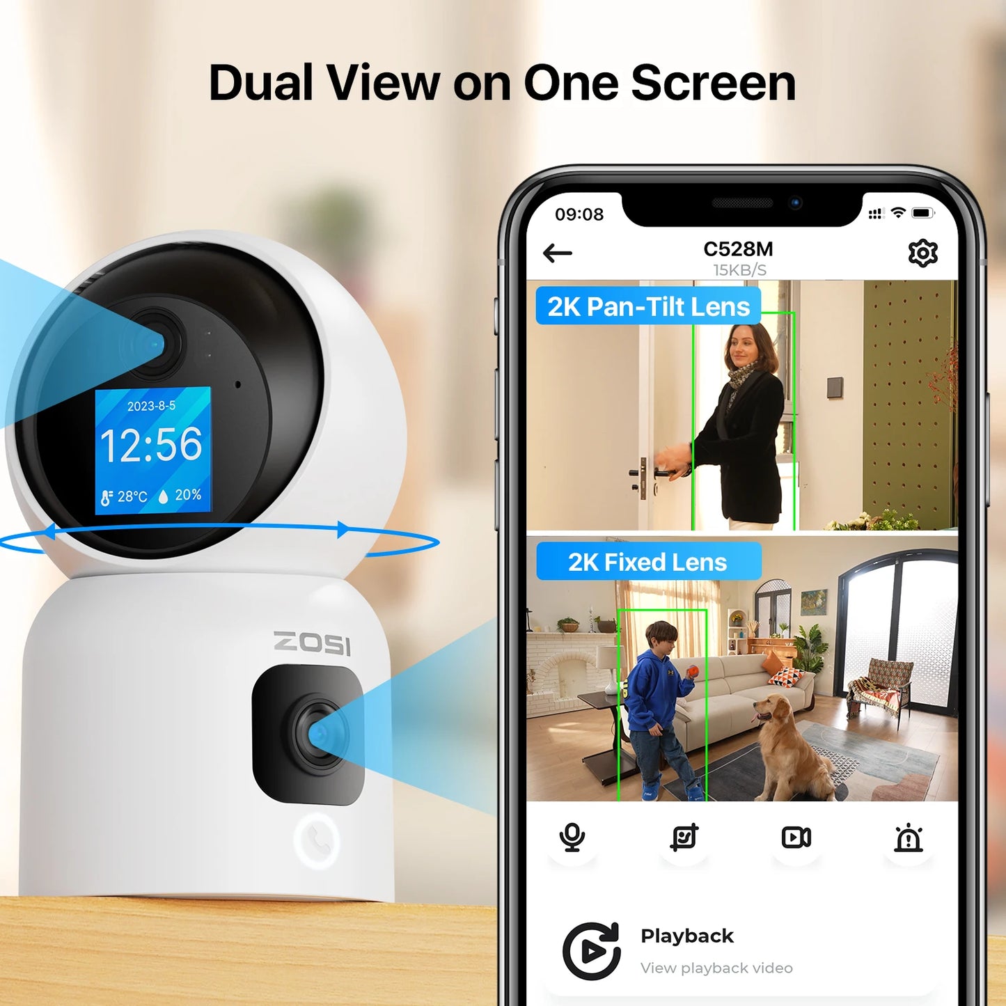 ZOSI 360 Degree Smart Home Security Camera PTZ Auto Tracking Baby Monitor AI Panoramic HD Night Vision Indoor WiFi Surveillance Camera