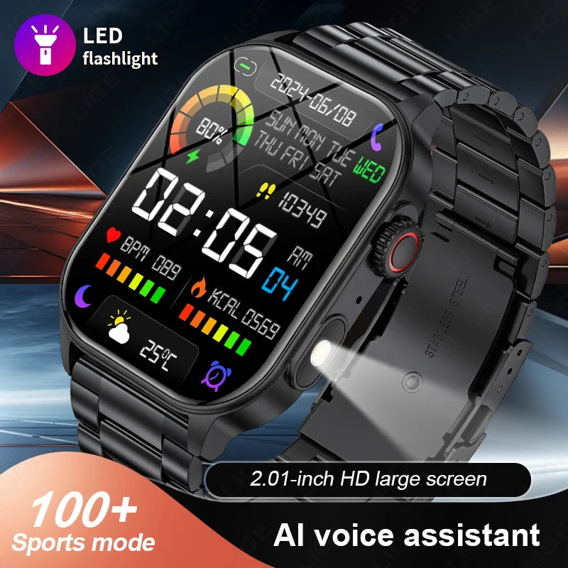 LIGE New Smart Watch LED Flashlight Military Sport Watches 2.01 Inch Screen Waterproof Men - Great Outdoors and More 25