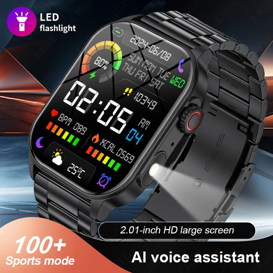 LIGE New Smart Watch LED Flashlight Military Sport Watches 2.01 Inch Screen Waterproof Men - Great Outdoors and More 25