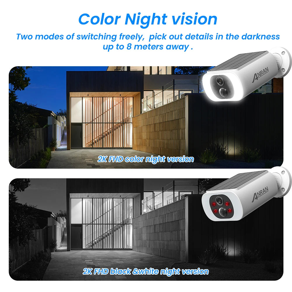 ANRAN Outdoor Wireless WiFi Camera 2.4G 3MP Battery Solar Security Camera with Floodlight Color Night Vision and Local Alarm