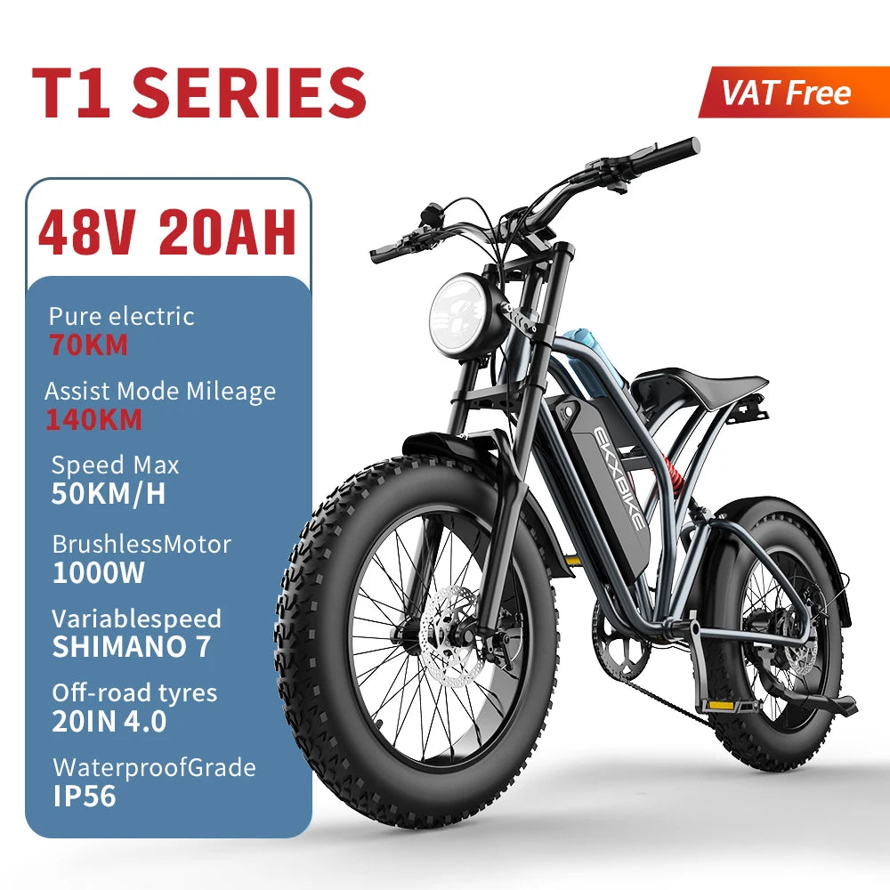 EKX T1 Electric Bike 20 Inch Fat Tires 1000W Motor 48V Battery