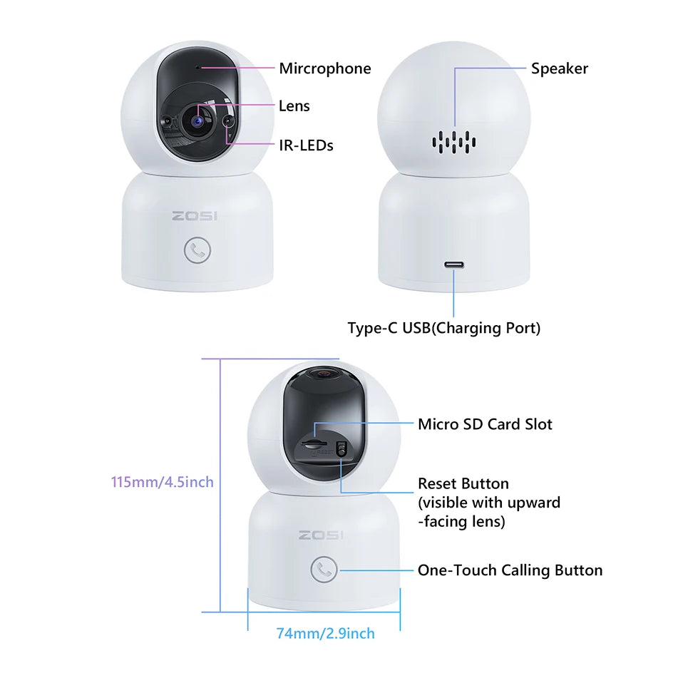 ZOSI 360 Degree Smart Home Security Camera PTZ Auto Tracking Baby Monitor AI Panoramic HD Night Vision Indoor WiFi Surveillance Camera