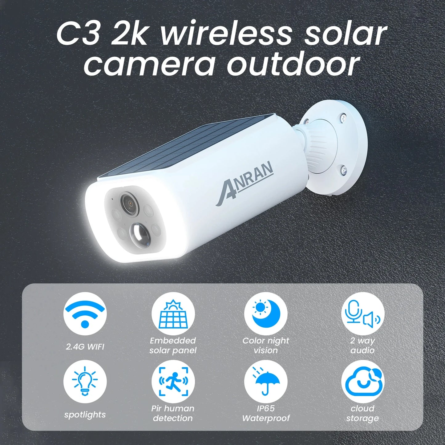 ANRAN Outdoor Wireless WiFi Camera 2.4G 3MP Battery Solar Security Camera with Floodlight Color Night Vision and Local Alarm