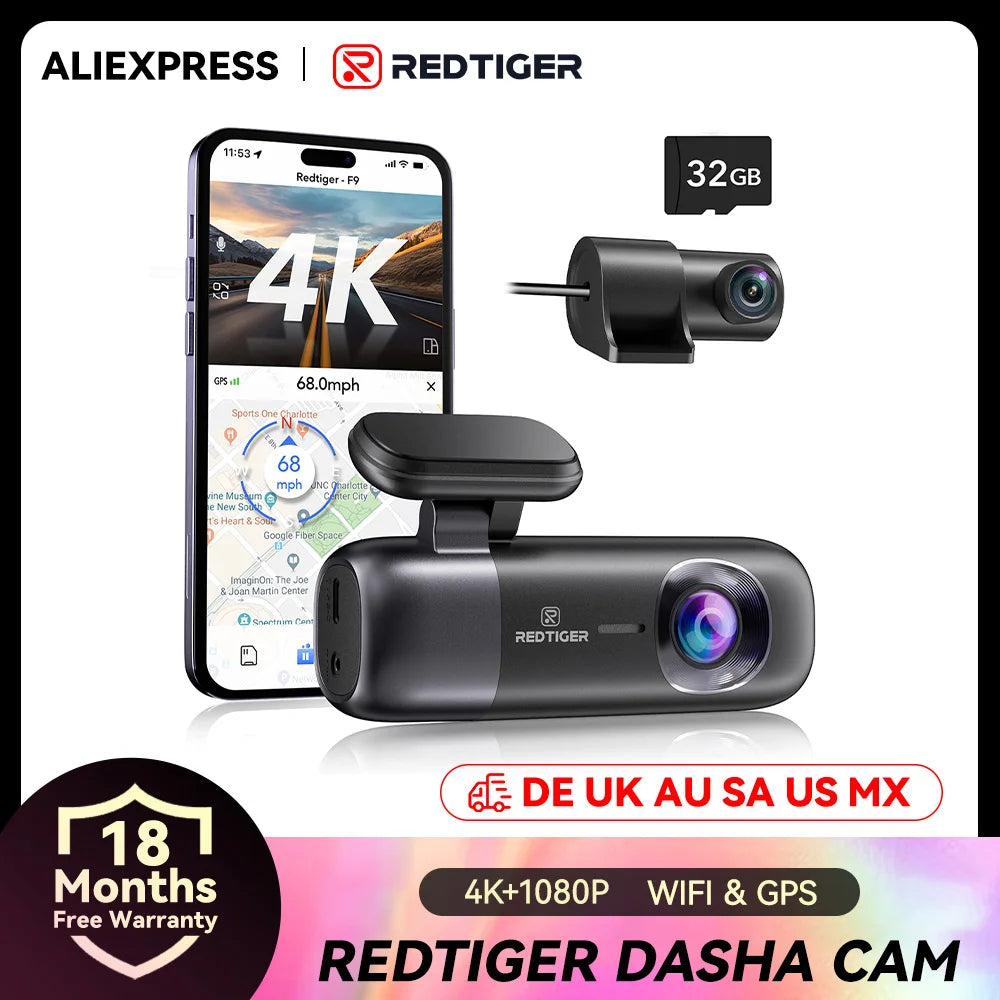 RedTiger F9 Dash Cam 4K Front and Rear WiFi GPS Car Camera with Parking Mode Night Vision Recorder App Control