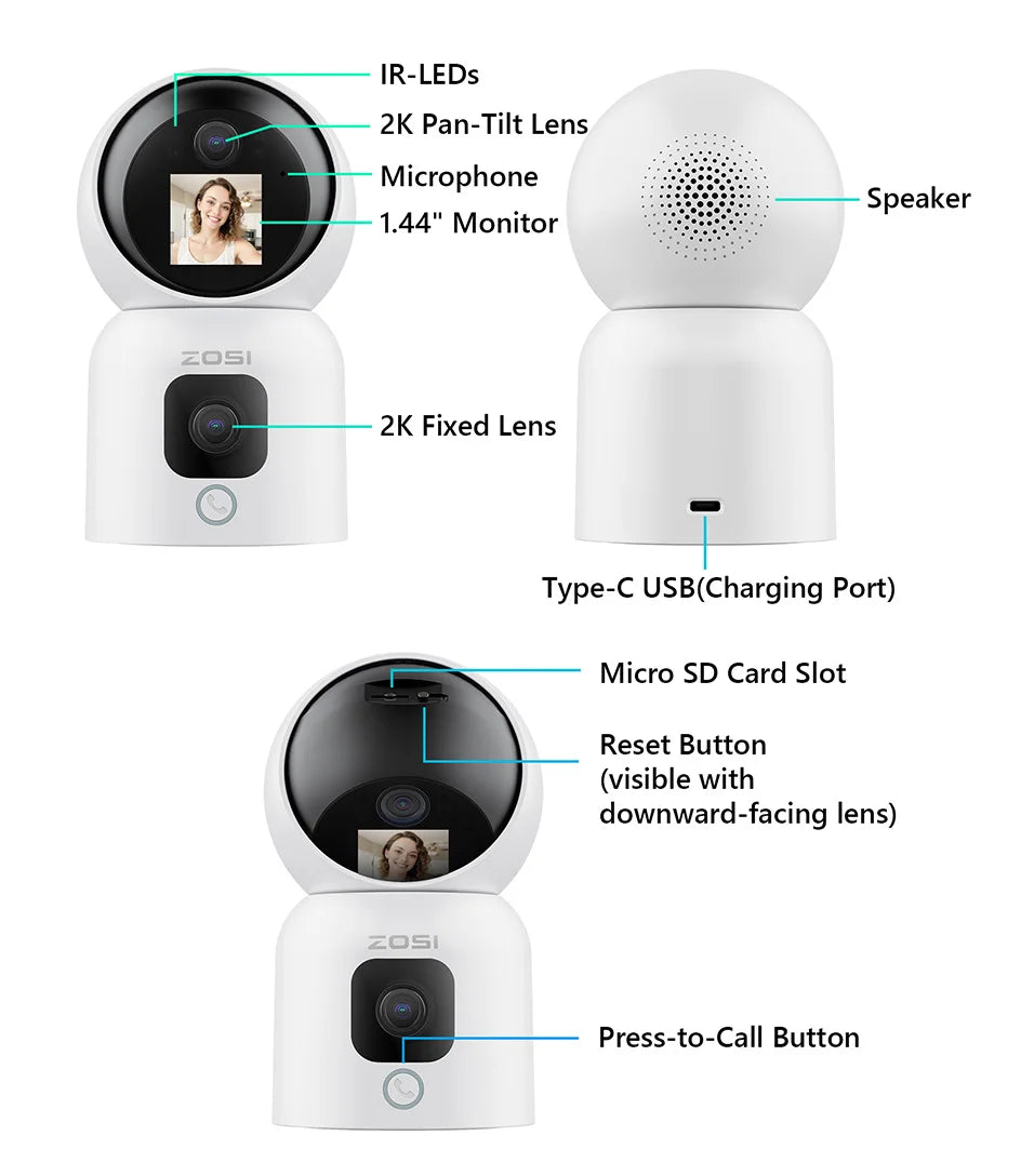 ZOSI 360 Degree Smart Home Security Camera PTZ Auto Tracking Baby Monitor AI Panoramic HD Night Vision Indoor WiFi Surveillance Camera