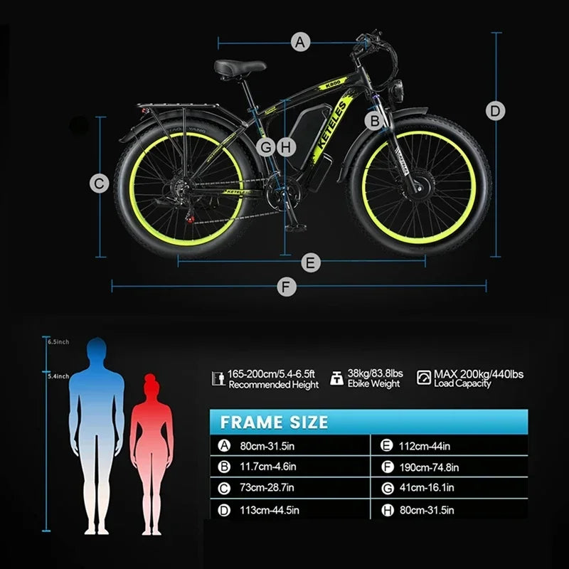 Electric Bicycle KETELES K800 2000W High Power Motor 48V 23Ah Battery Adult Electric Bike 26 Inch Tire Mountain Off-Road Ebike
