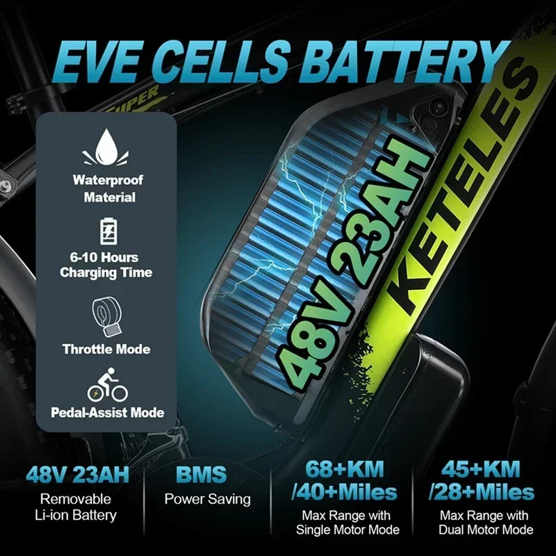 Electric Bicycle KETELES K800 2000W High Power Motor 48V 23Ah Battery Adult Electric Bike 26 Inch Tire Mountain Off-Road Ebike