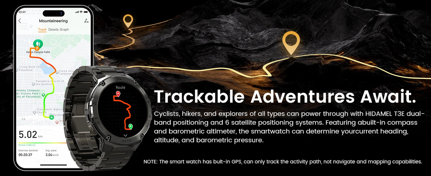 HIDAMEL T3E GPS Smart Watch For Men Compass Altimeter Altitude Stainless Steel Shell 5ATM Waterproof - Great Outdoors and More 25