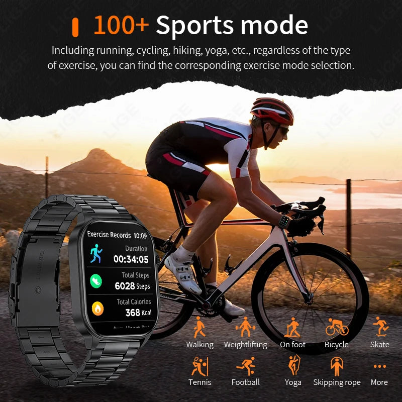 LIGE New Smart Watch LED Flashlight Military Sport Watches 2.01 Inch Screen Waterproof Men - Great Outdoors and More 25