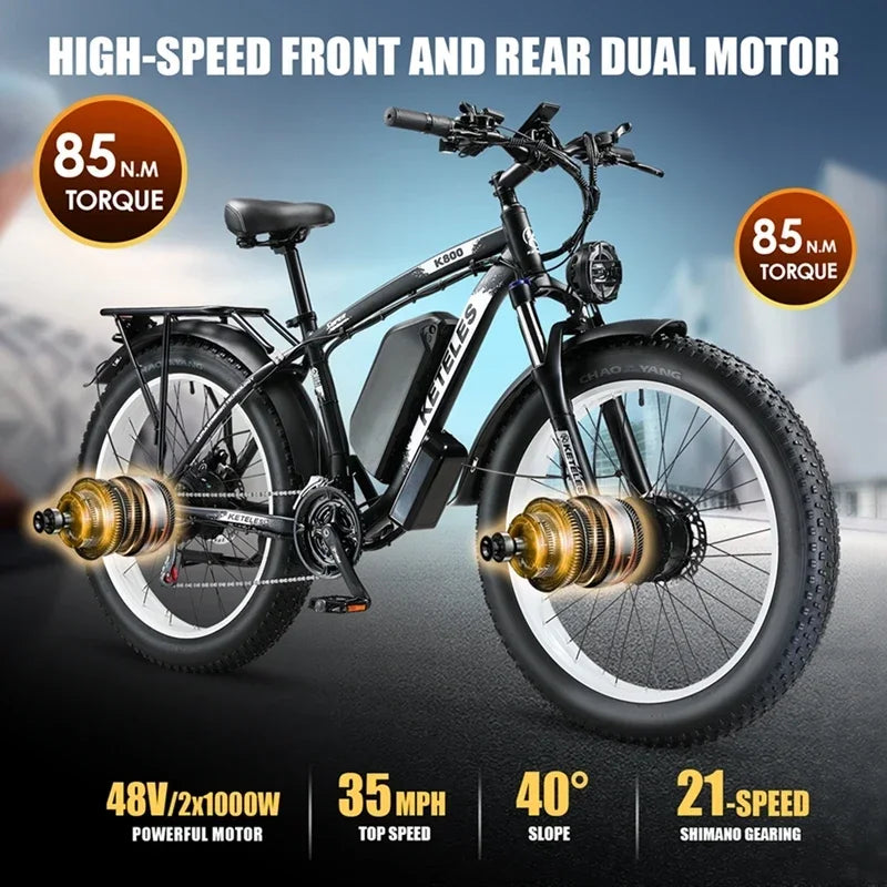 Electric Bicycle KETELES K800 2000W High Power Motor 48V 23Ah Battery Adult Electric Bike 26 Inch Tire Mountain Off-Road Ebike